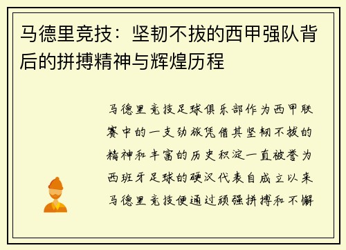 马德里竞技：坚韧不拔的西甲强队背后的拼搏精神与辉煌历程